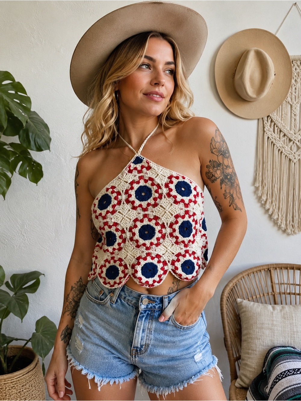 NWT Crochet Halter Top Boho Festival Coastal Cowgirl Americana L